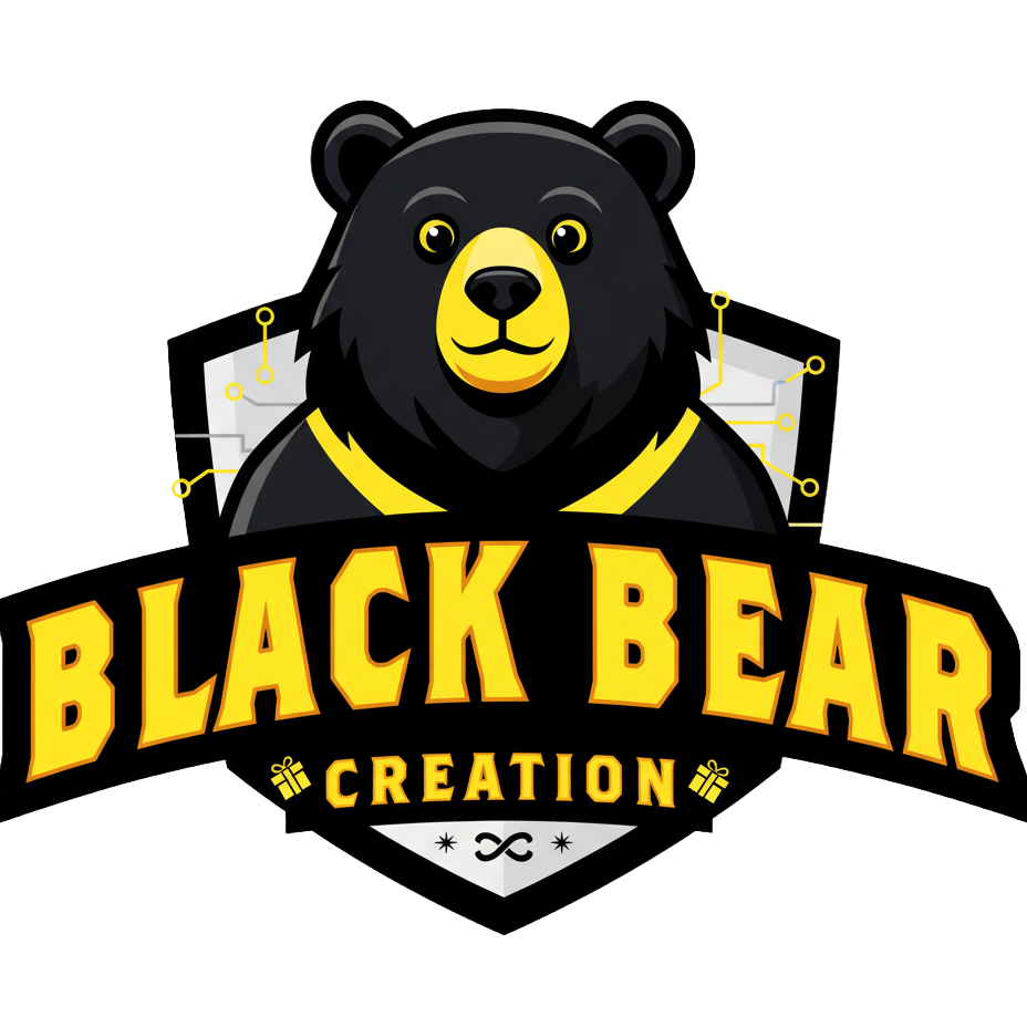 Logo de Black Bear Creation : ours noir stylisé aux traits jaunes, assis dans un fauteuil, avec texte jaune en banneau